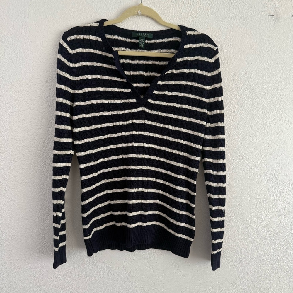 Lauren Ralph Lauren Striped Sweater Women’s Large Blue White Cotton Nautical